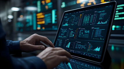 Logistics Manager Analyzing Financial Data on Tablet with Glossy Background for Efficient Cost Metrics