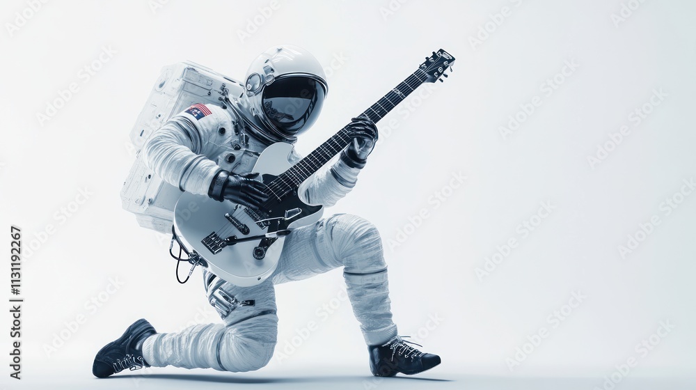 Poster an astronaut playing an electric guitar in a minimalist setting.
