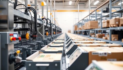Fototapeta premium Automated Packaging System Conveyor Belt Factory Warehouse Industry Production Line Manufacturing