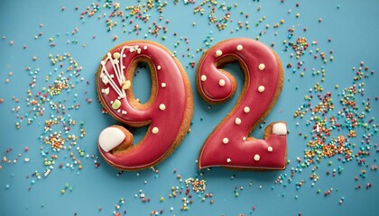 Decorated cookie, number 92, festive food for birthday or anniversary with confetti and colorful background