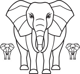 A big wild mammal elephant cartoon vector illustration and black line art sketch drawing of a safari animal with a trunk for a nature wildlife zoo coloring page