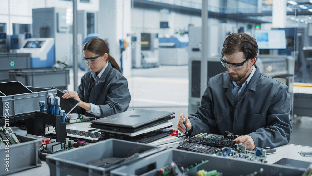 Poster caucasian male and female workers taking apart old laptops to recycle electronic components for prin