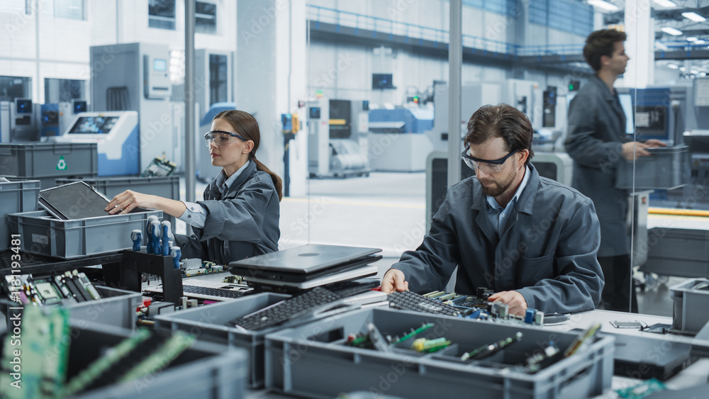 Poster caucasian male and female workers taking apart old laptops to recycle electronic components for prin