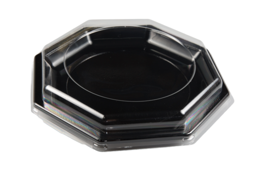 black plastic box with lid closed transparent food packaging isolated on white