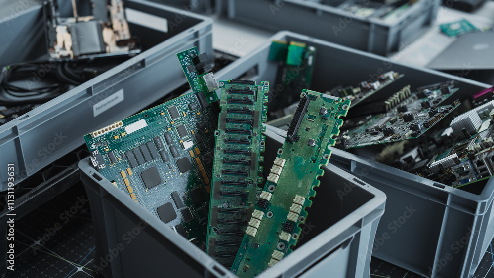 Aufkleber Close-Up Shot Of Boxes With Computer Parts Sorted For Recycling At Sustainable Electronics Factory. Motherboards And Microchips Are Collected And Prepared For Reuse in Modern Technological Devices.