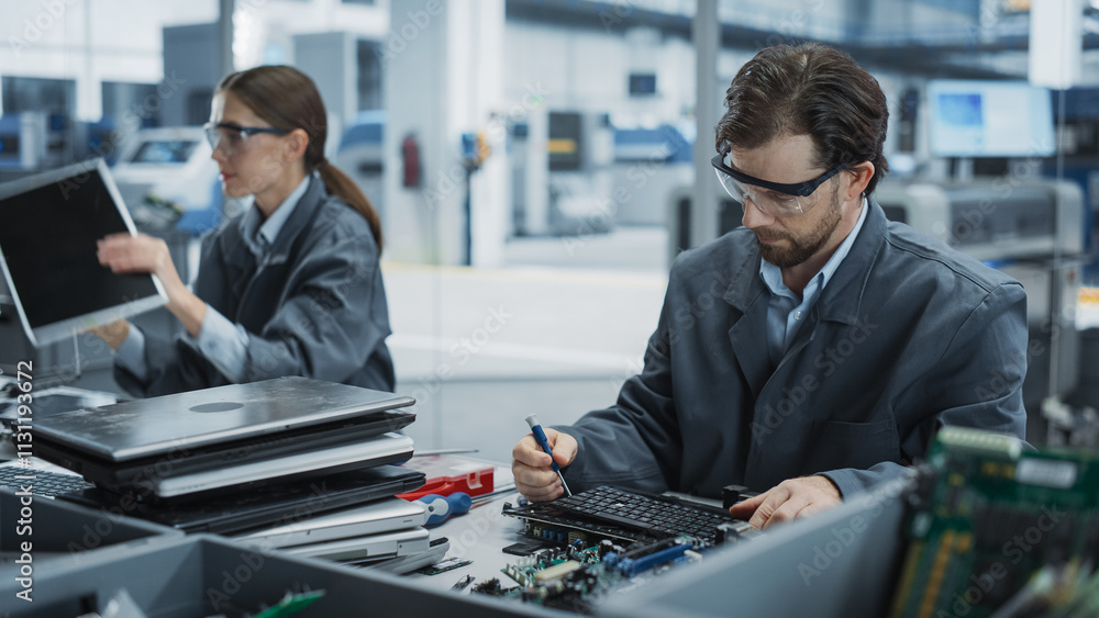 Poster caucasian male and female workers taking apart old laptops to recycle electronic components for micr