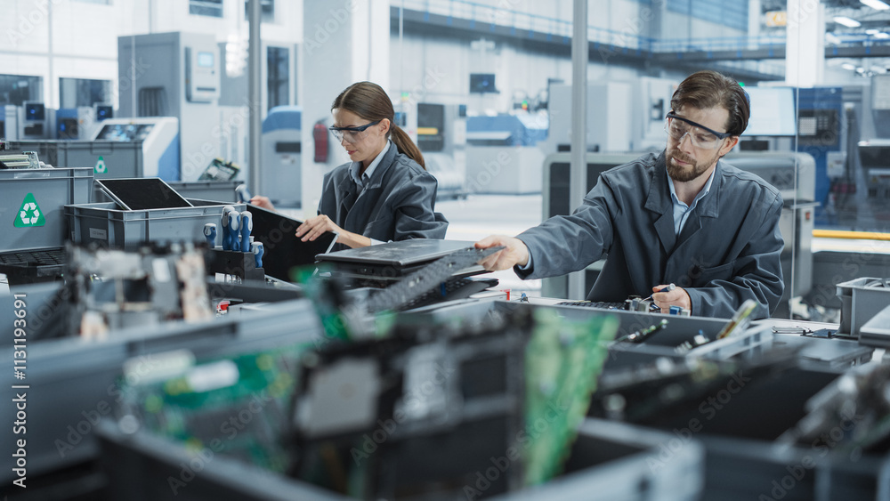 Poster caucasian male and female employees taking apart old laptops to recycle components for sustainable p