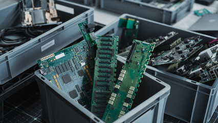 Close-Up Shot Of Boxes With Computer Parts Sorted For Recycling At Sustainable Electronics Factory....