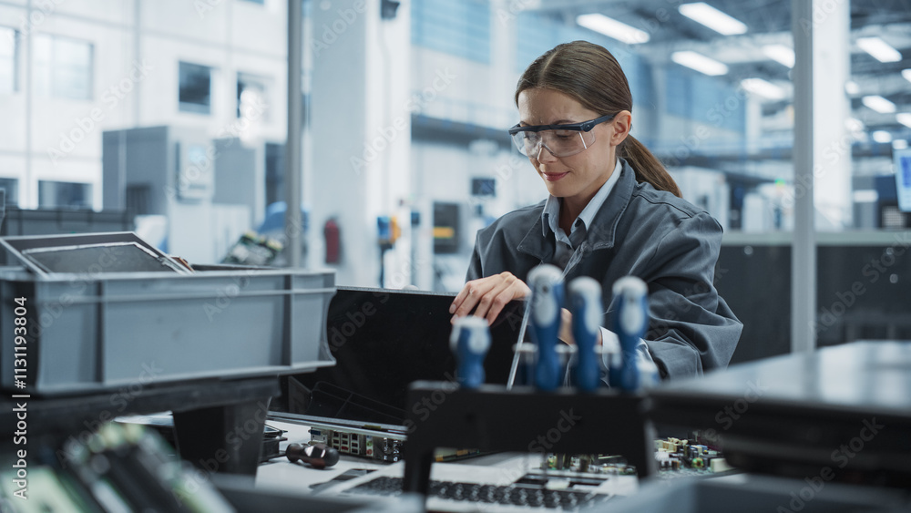 Aufkleber caucasian female worker disassembling old laptops to recycle electronic components for sustainable p
