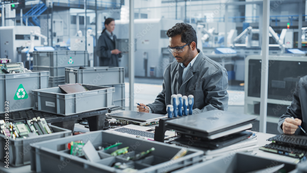 Aufkleber Indian And Caucasian Male Workers Taking Apart Laptops To Recycle Components For Production Of Microchips At Automated Electronics Factory With Robotic Arms. Colleagues Sorting Displays, Keyboards.