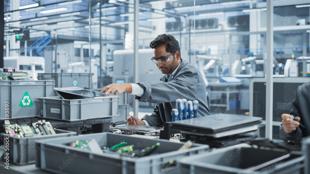 Aufkleber Indian Male Worker Disassembling Old Laptops To Recycle Electronic Components For Microchip Production At Automated Electronics Factory With Robotic Arms. Man Unscrewing Displays And Sorting Them.
