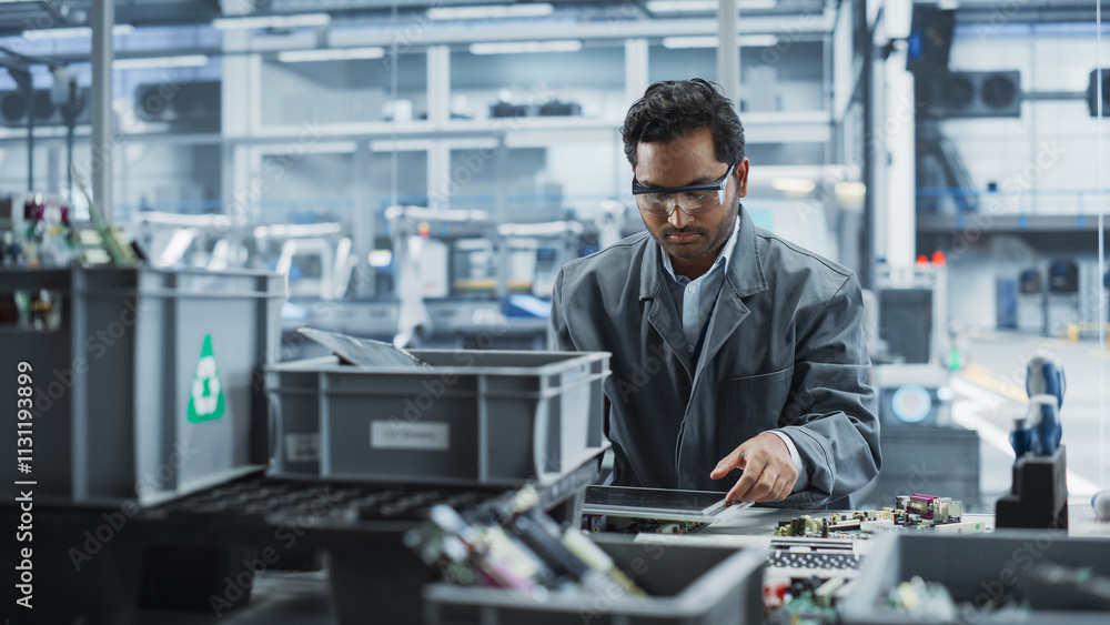 Aufkleber Indian Male Worker Disassembling Old Laptops To Recycle Electronic Components For Microchip Production At an Automated Electronics Factory With Robotic Arms. Man Unscrewing Displays, Sorting Them.