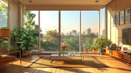 Obraz premium Cozy and contemporary apartment interior with large windows overlooking a captivating city skyline Beautifully designed living space with minimalist furniture lush plants and a bright