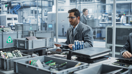Fototapeta premium Indian Male Worker Disassembling Old Laptops To Recycle Electronic Components For Microchip Production At an Automated Electronics Factory With Robotic Arms. Man Unscrewing Displays And Sorting Them.
