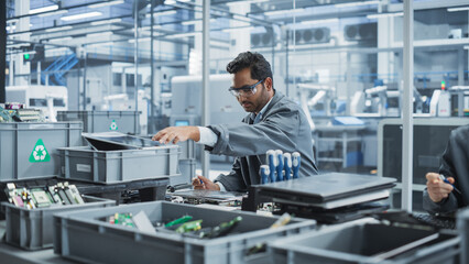 Indian Male Worker Disassembling Old Laptops To Recycle Electronic Components For Microchip...