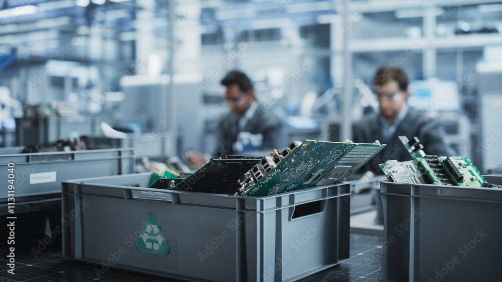 Poster Indian And Caucasian Male Workers Taking Apart Laptops To Recycle For Production Of Digital Devices At Automated Electronics Factory With Robotic Arms. Colleagues Sorting Displays, Keyboards.