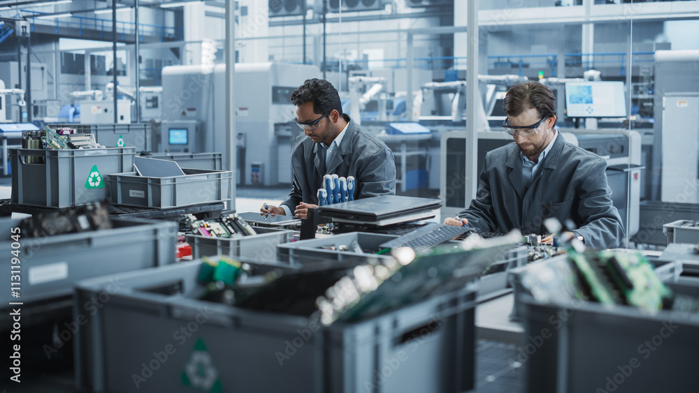 Aufkleber Indian And Caucasian Male Workers Taking Apart Laptops To Recycle For Production Of Digital Devices At Automated Electronics Factory With Robotic Arms. Colleagues Sorting Displays and Keyboards.