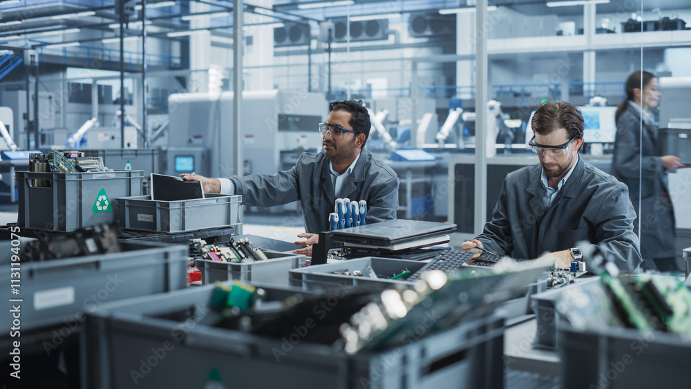 Aufkleber Indian And Caucasian Male Workers Taking Apart Laptops To Recycle For Production Of High-Tech Devices At Automated Electronics Factory With Robotic Arms. Colleagues Sorting Displays, Keyboards.