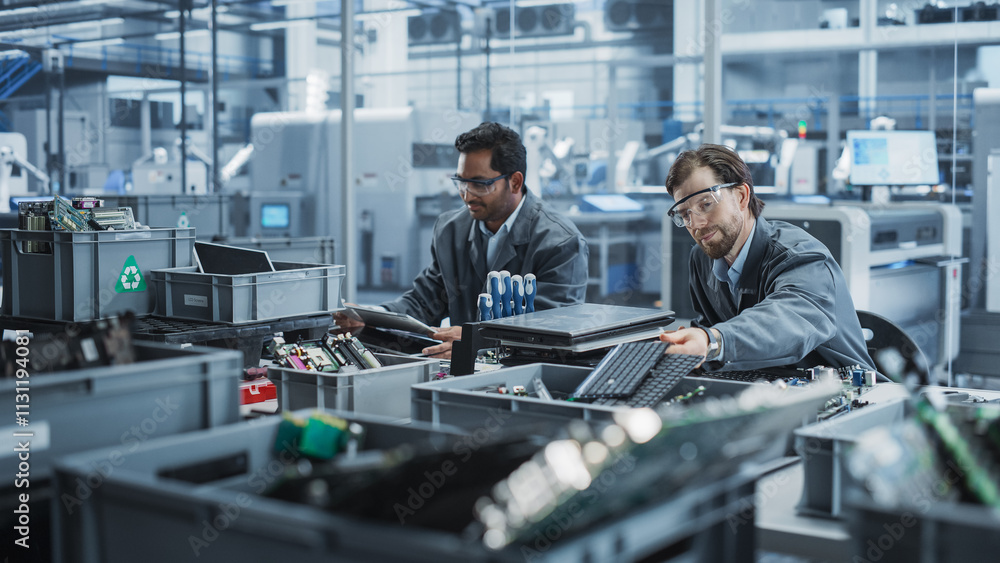 Aufkleber Indian And Caucasian Male Workers Taking Apart Laptops To Recycle For Production Of High Tech Devices At Automated Electronics Factory With Robotic Arms. Colleagues Sorting Displays, Keyboards.