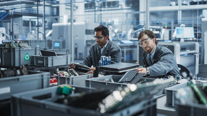 Indian And Caucasian Male Workers Taking Apart Laptops To Recycle For Production Of High Tech Devices At Automated Electronics Factory With Robotic Arms. Colleagues Sorting Displays, Keyboards.