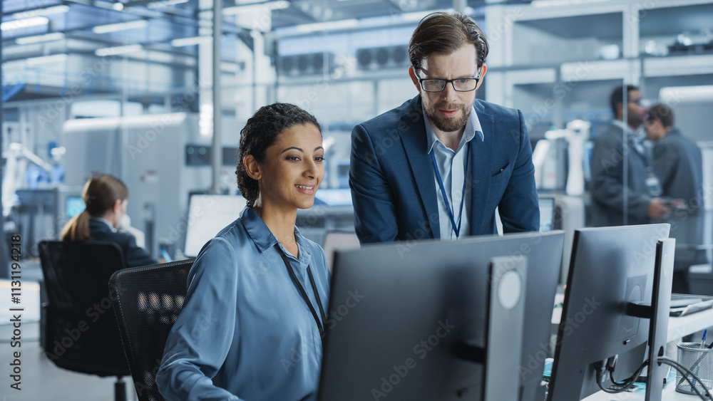 Aufkleber portrait of a young male team leader and hispanic female engineer collaborating on a project, using 