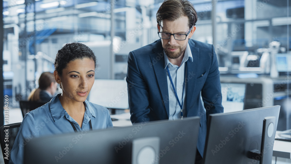 Poster Portrait of a Young Male Team Leader and Hispanic Female Engineer Collaborating on a Project, Using Computer, Talking in a Factory with Robotic Arms Producing Devices for Technological Industries.