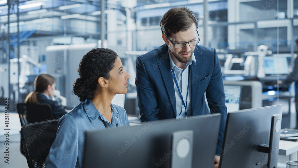 Poster Portrait of a Young Male Team Leader and Hispanic Female Engineer Collaborating on a Project, Using Computer, Talking in a Factory with Robotic Arms Producing Devices for Tech Industries.