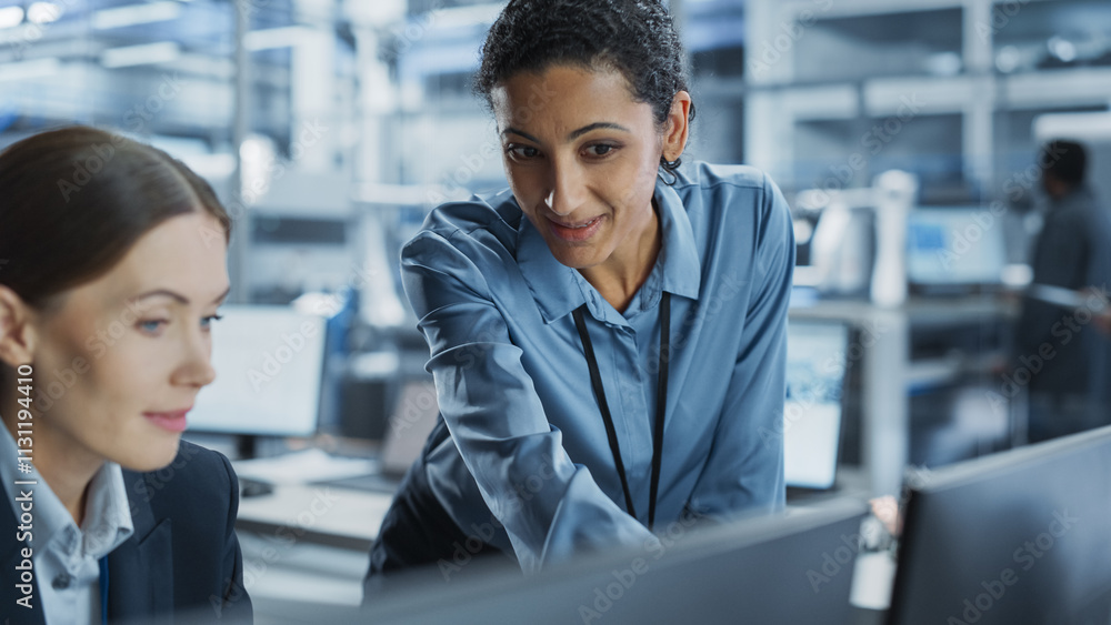 Poster Caucasian Female Engineer And Hispanic Product Manager Using Desktop Computer And Talking At Automated Factory With Robotic Hands. Indian Facility Worker Using Soldering Jet Printer On Background.
