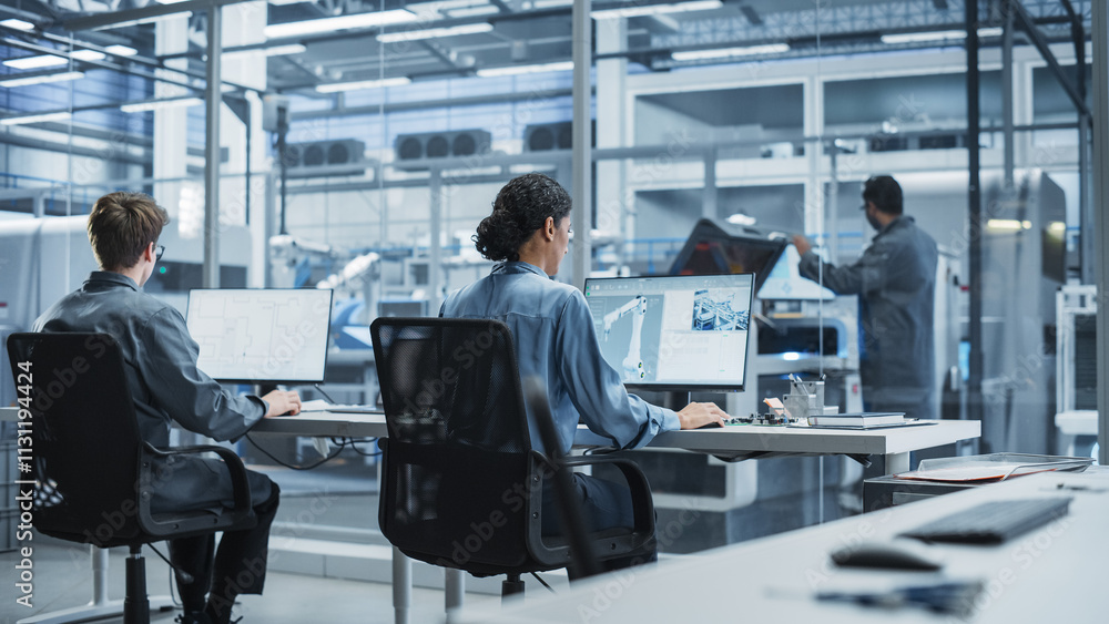 Fototapete Caucasian Male Programmer And Hispanic Female Automation Engineer Using Desktop Computers At Modern Factory With Robotic Arms. Diverse Colleagues Working On the Production Of High-Tech Devices.