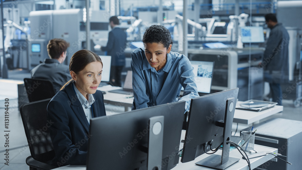 Leinwandbilder Caucasian Female Engineer And Hispanic Product Manager Using Desktop Computer And Talking At Automated Factory With Robotic Hands. Diverse Colleagues Discussing New High Tech Devices Production.