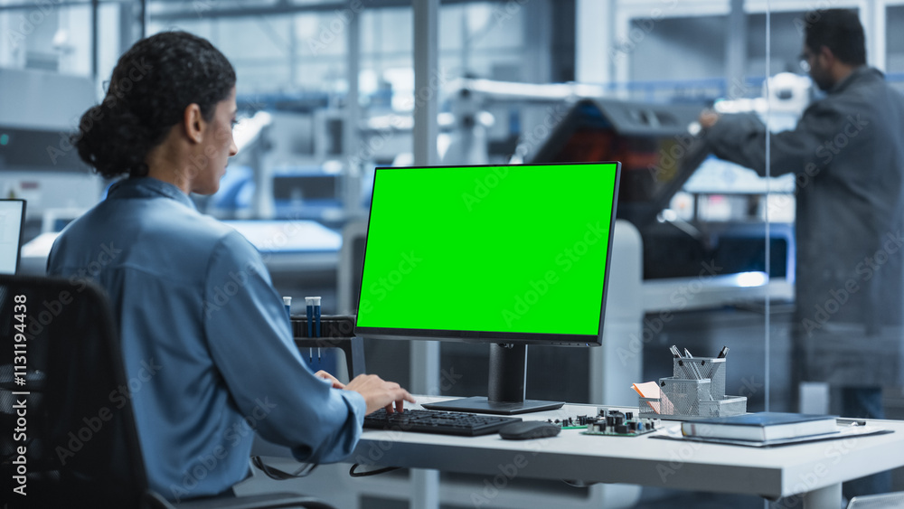Aufkleber Hispanic Female Robotics Engineer Using Desktop Computer with Green Screen Chromakey Mock Up Display in Factory Office. Technological Research and Development Facility with Autonomous Assembly Line.