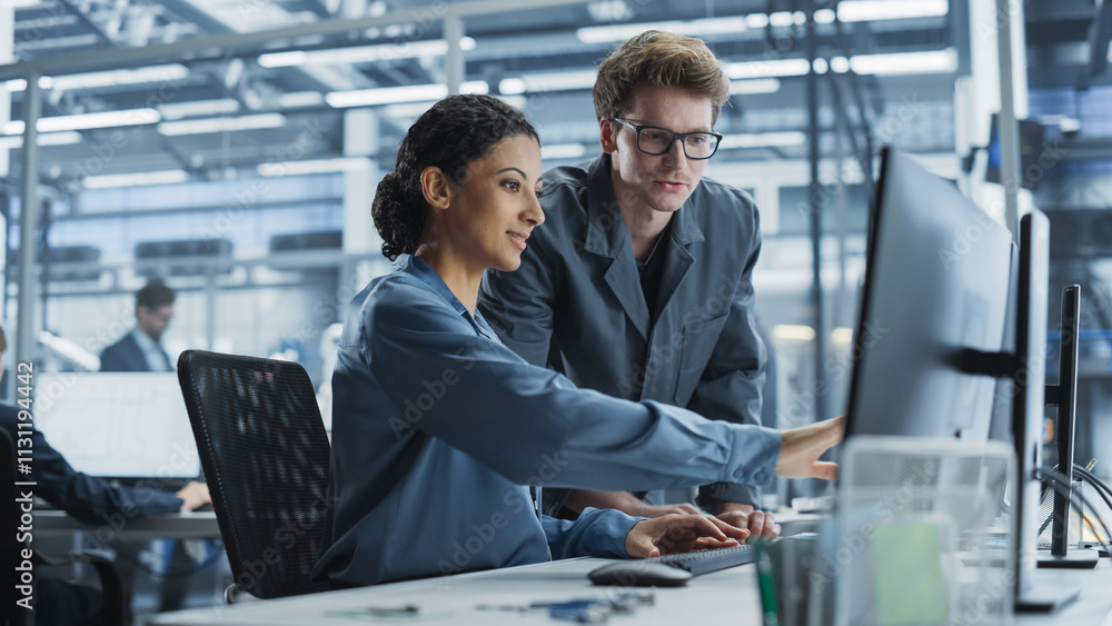 Poster Caucasian Man and Hispanic Woman Having Conversation at Industrial Facility. Employees Working Together, Using Desktop Computer for Supervising Work Process in Automated Factory With Robotic Arms.