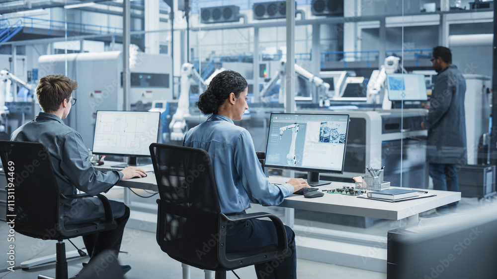 Aufkleber Caucasian Male Programmer And Hispanic Female Assembly Line Operator Using Desktop Computers At Modern Factory With Robotic Arms. Diverse Colleagues Working On the Production Of High-Tech Devices.