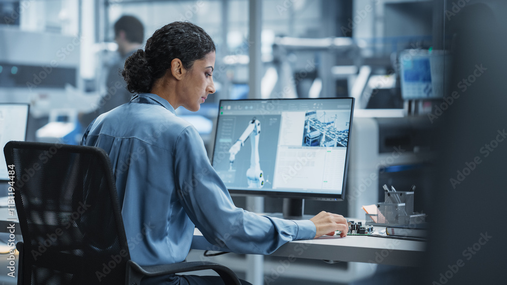 Fototapete Hispanic Female Automation Engineer Using Desktop Computer to Control Automated Production With Robotic Arms On Electronics Factory, While Indian Assembly Line Worker Using Solder Jet Printer.