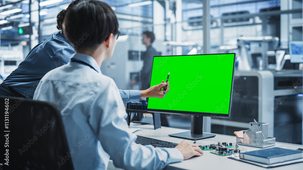 Poster Hispanic Female Manager And Asian Male Engineer Using Desktop Computer With Green Screen Chromakey On Display at Automated Factory With Robotic Arms. Colleagues Discussing Production Of Devices.
