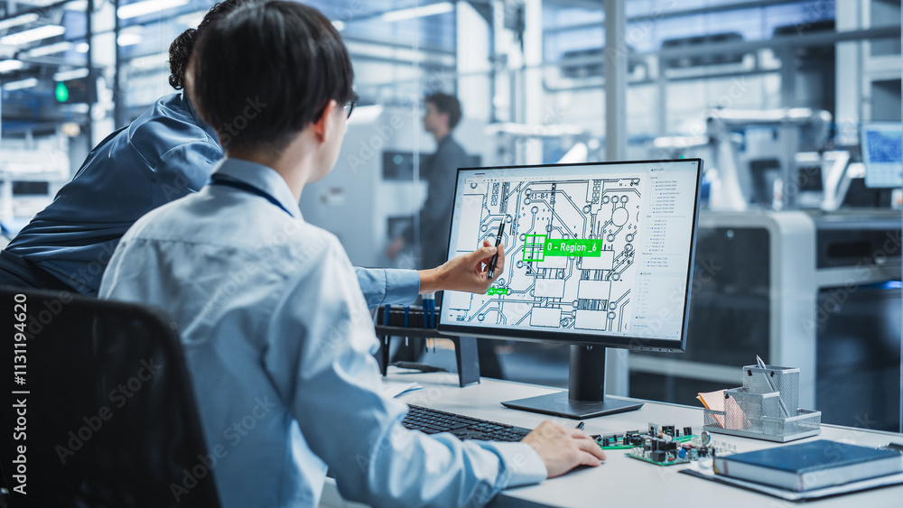 Poster Hispanic Female Manager And Asian Male Engineer Using Desktop Computer With Microchip Blueprints at Automated Factory With Robotic Arms. Diverse Colleagues Discussing Production Of High-Tech Devices.