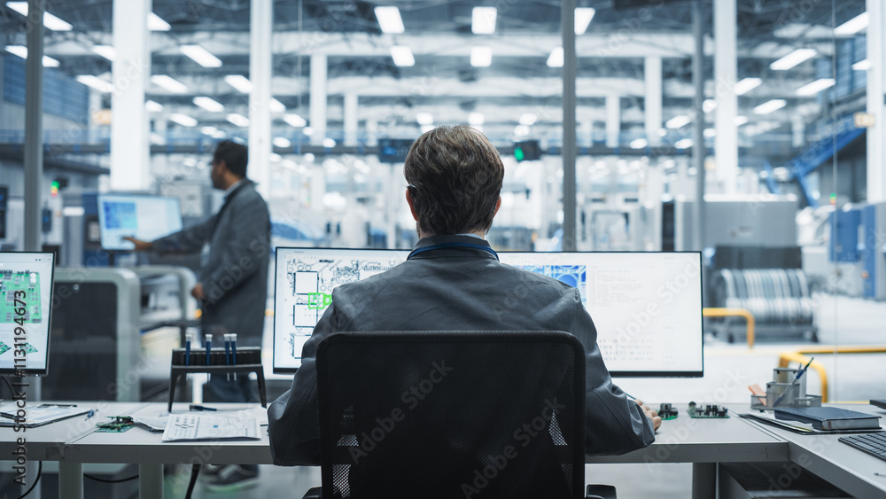 Poster Backview Of Caucasian Male Industrial Engineer Working on Desktop Computer in Factory Office. Man Creating Innovative Motherboard with Powerful Microchips for an Artificial Intelligence Systems.