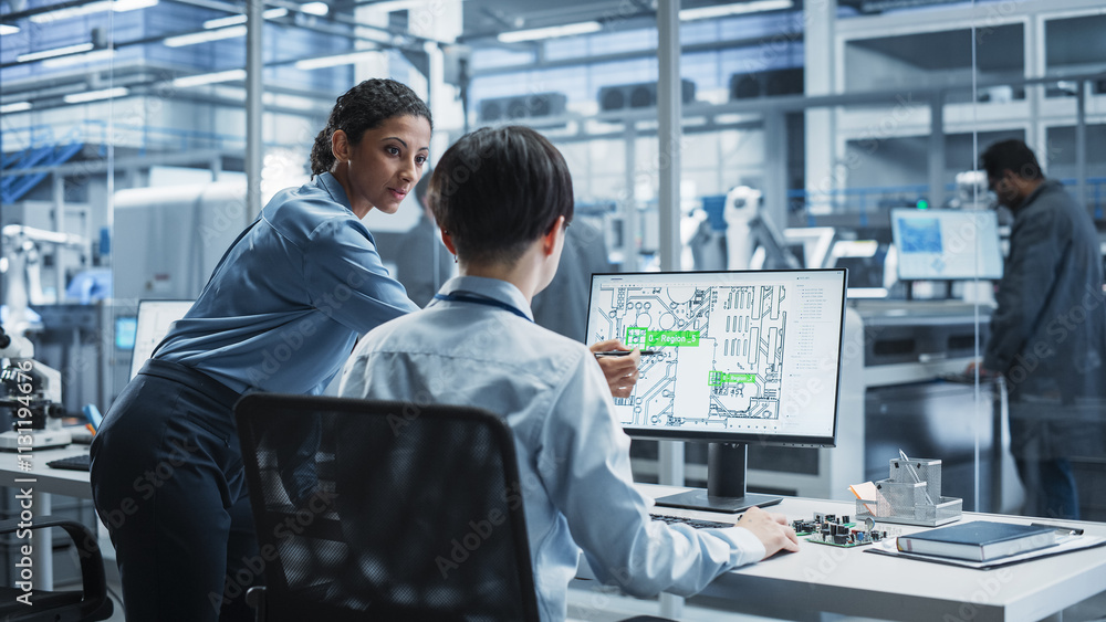 Poster hispanic female manager and asian male engineer using desktop computer with microchip blueprints at 