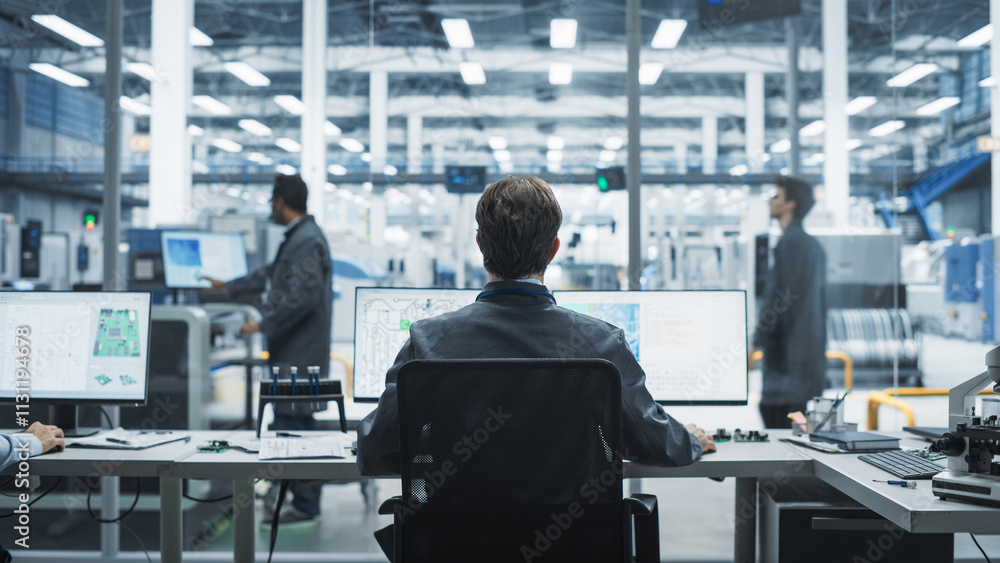 Poster Backview Of Caucasian Male Industrial Engineer Working on Desktop Computer in Factory Office. Man Creating Innovative Motherboard with Powerful Microchips for Artificial Intelligence Systems.