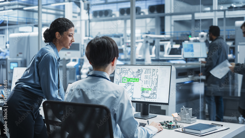 Poster hispanic female manager and asian male engineer using desktop computer with microchip blueprints at 