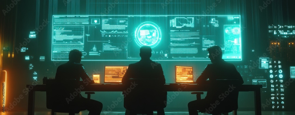 Poster A group of individuals monitoring data on futuristic screens in a high-tech environment.