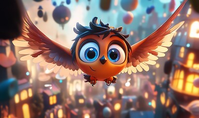 Naklejka premium Adorable Orange Owl Soaring Above a Nighttime Village