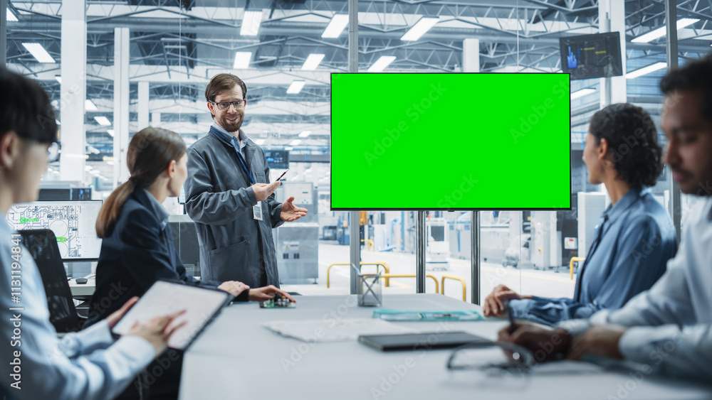 Poster electronics factory office meeting: caucasian engineer giving presentation on tv with green screen c