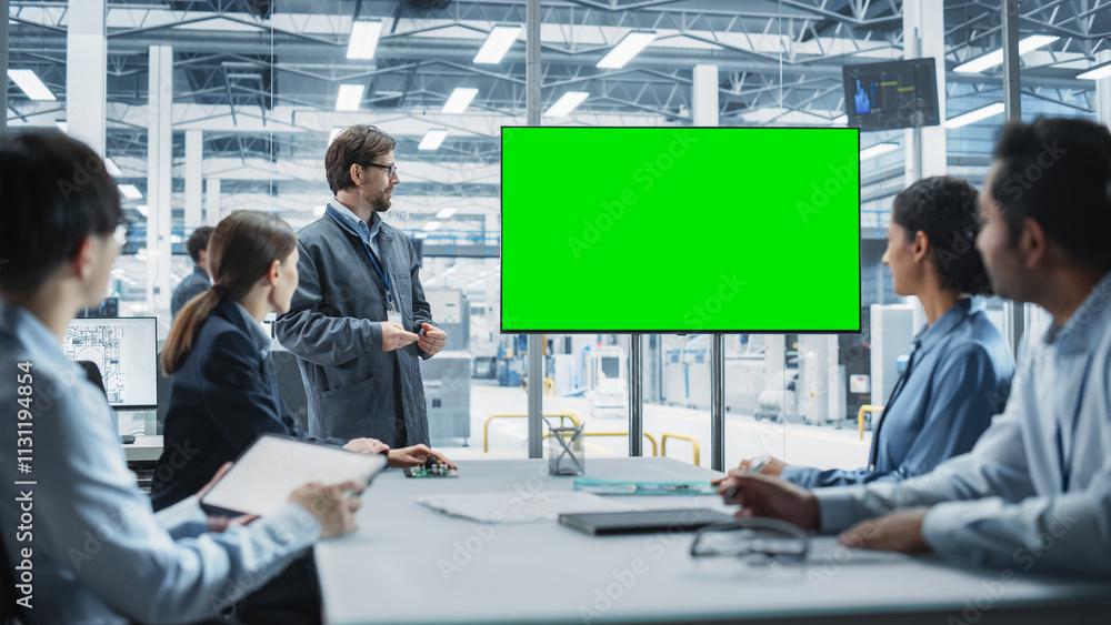 Poster electronics factory office meeting: caucasian engineer giving presentation on tv with green screen c