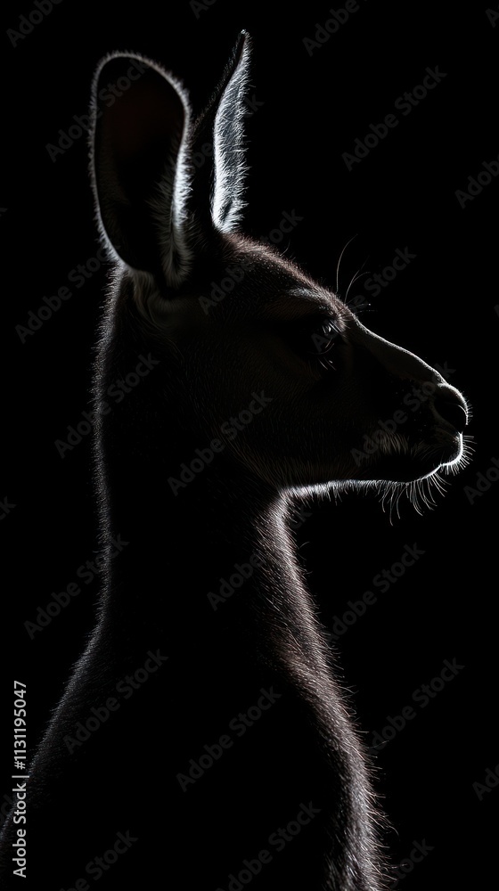 Poster silhouette of a kangaroo against a dark background, highlighting its profile and features.