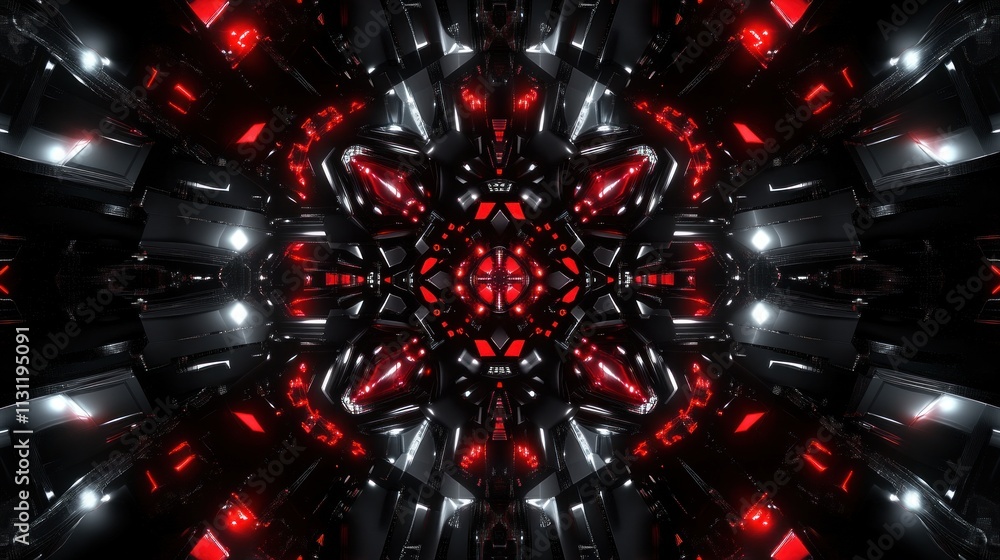 Poster A symmetrical, futuristic design featuring red and black elements with a high-tech aesthetic.