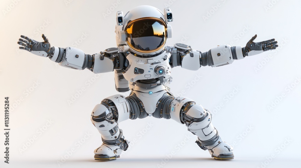 Poster a futuristic robot astronaut in a dynamic pose, showcasing advanced technology and design.