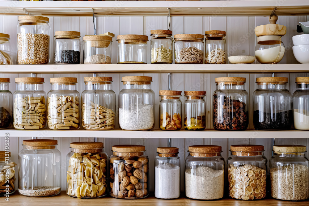 Poster shelf full of glass jars with various food items inside. the jars are arranged in a way that makes i