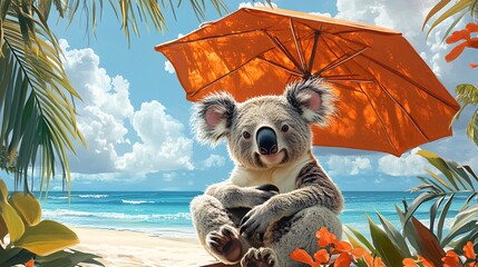 Koala lounging under a beach umbrella, soaking up the sun on a tropical beach, perfect for a laid-back vacation vibe.