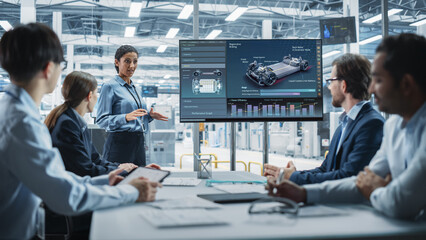 Electric Vehicle Factory Office Meeting: Hispanic Female Project Manager Presenting Innovative...